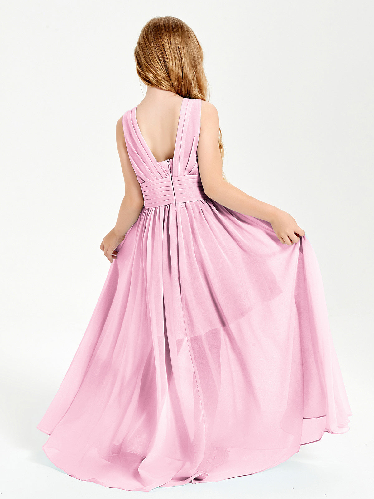 Long V-neck Junior Bridesmaid Dresses Candy Pink